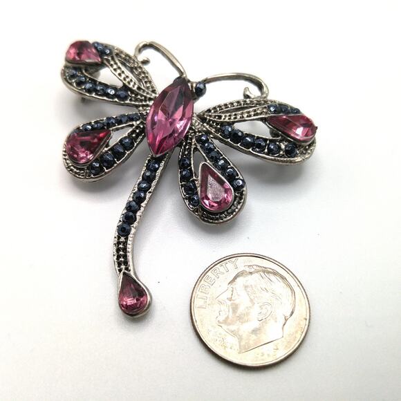 Dragonfly Pink Rhinestone Brooch, Gray Metallic Rhinestones, 1990s Vintage - Picture 9 of 10